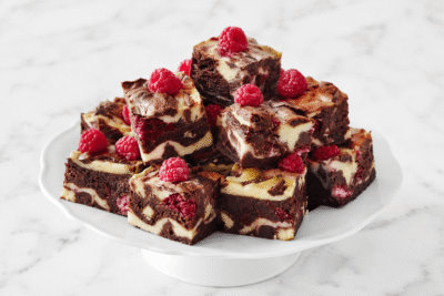 brownie z białą czekoladą i malinami