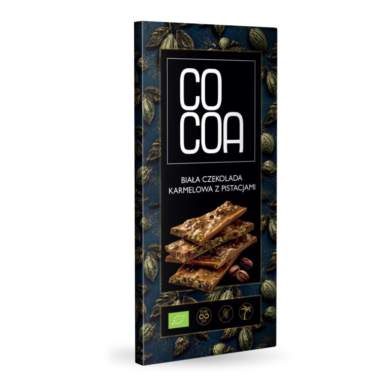 Biała czekolada karmelowa z pistacjami COCOA – tabliczka w kartoniku z logo EU organic