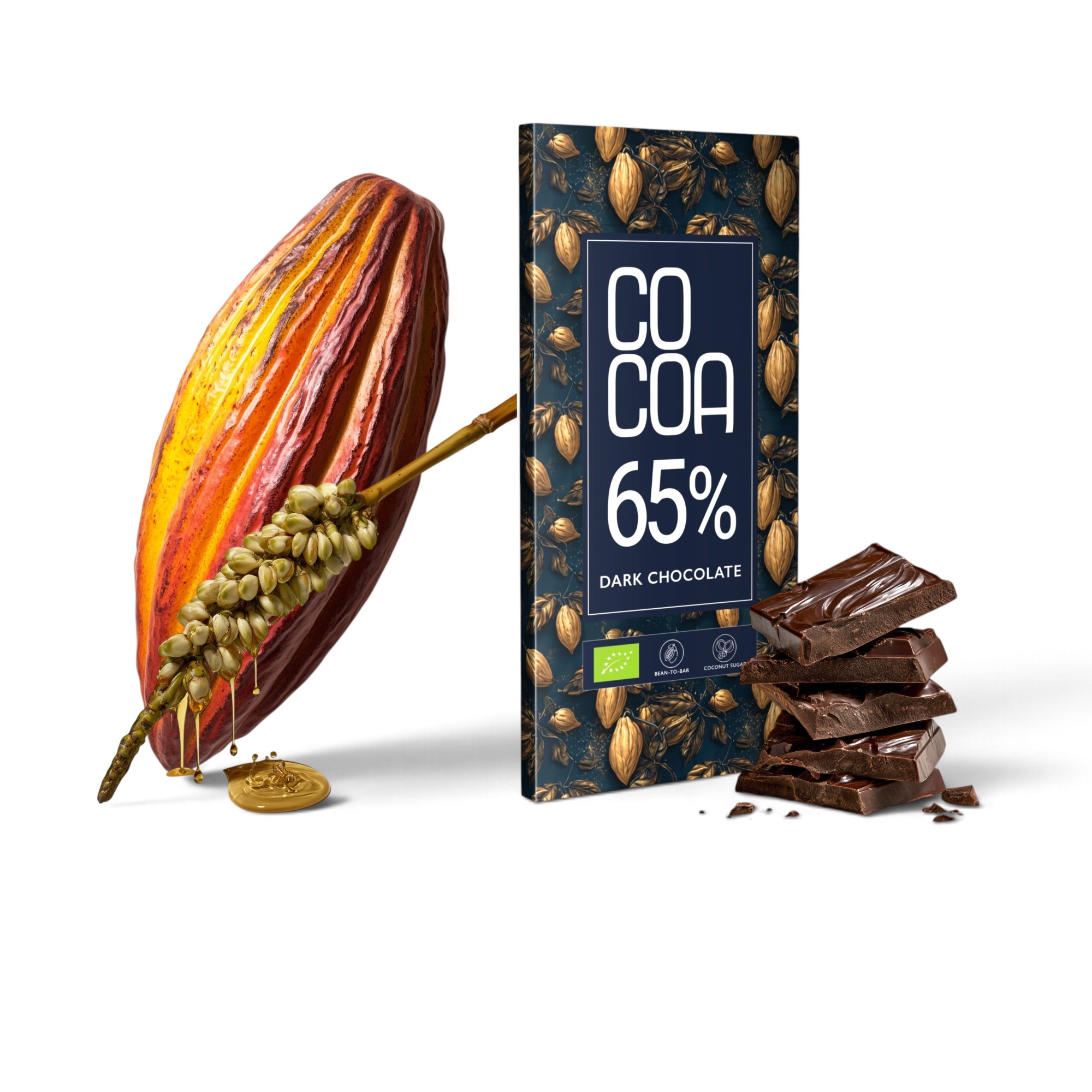 Czekolada ciemna 65% COCOA ze strąkiem kakaowca i kwiatem palmy kokosowej