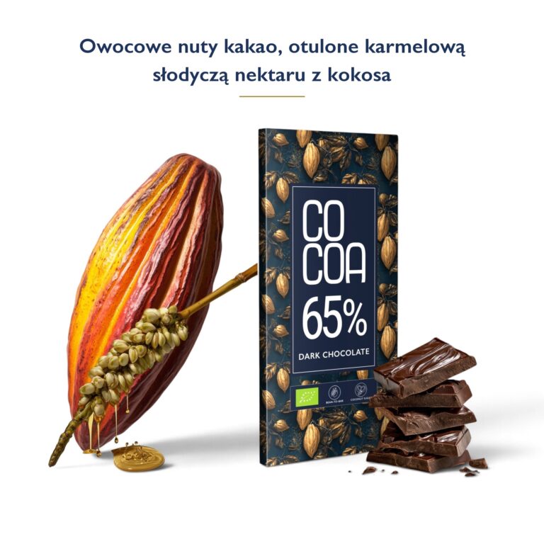 Owocowe nuty kakao, otulone karmelową słodyczą nektaru z kokosa – czekolada ciemna 65% COCOA ze strąkiem kakaowca i kwiatem palmy kokosowej