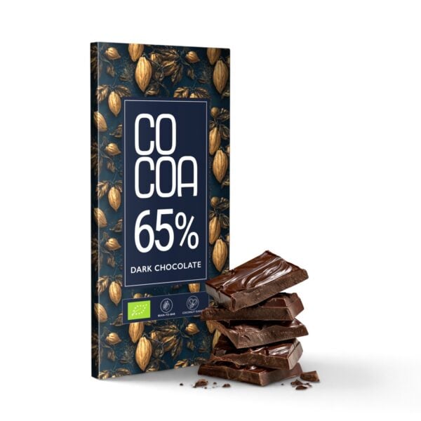 Czekolada ciemna 65% COCOA – opakowanie i kawałki tabliczki