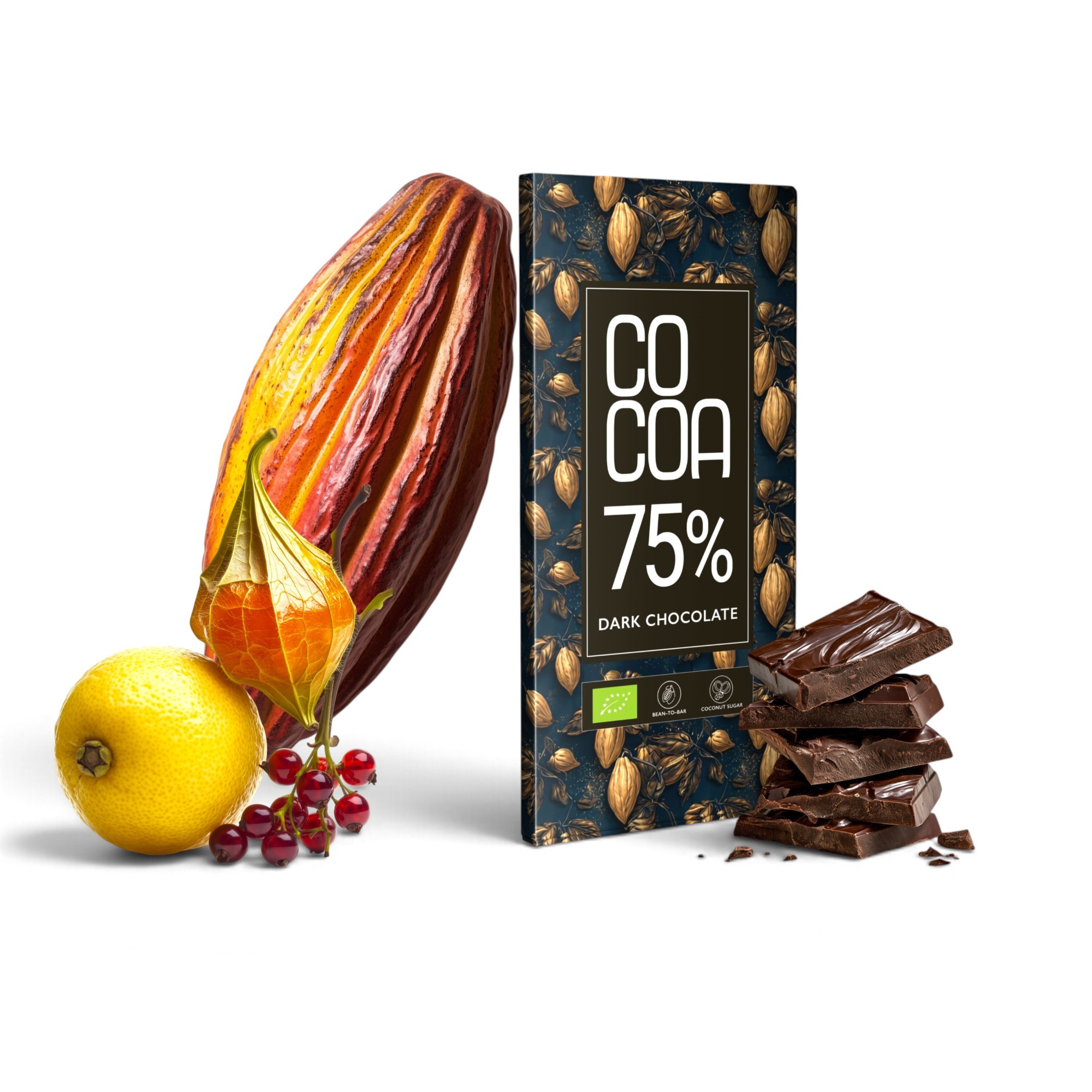 Czekolada ciemna 75% COCOA ze strąkiem kakaowca i owocami