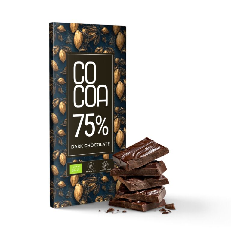 Czekolada ciemna 75% COCOA – opakowanie i kawałki tabliczki