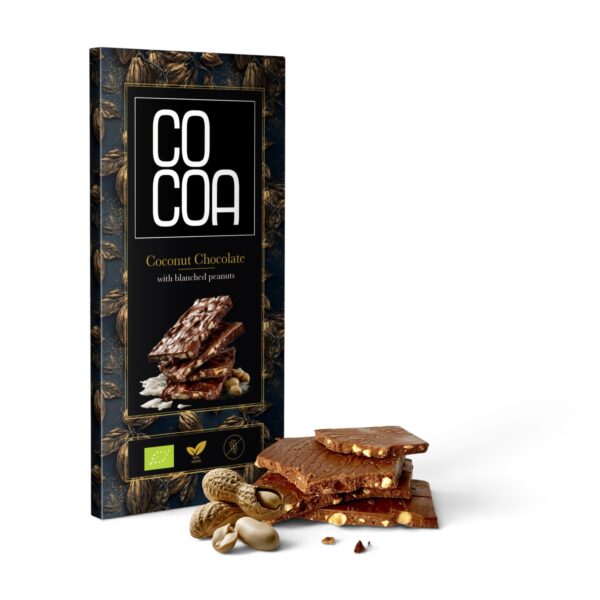Czekolada kokosowa z orzeszkami ziemnymi COCOA – opakowanie, kawałki tabliczki i orzeszki