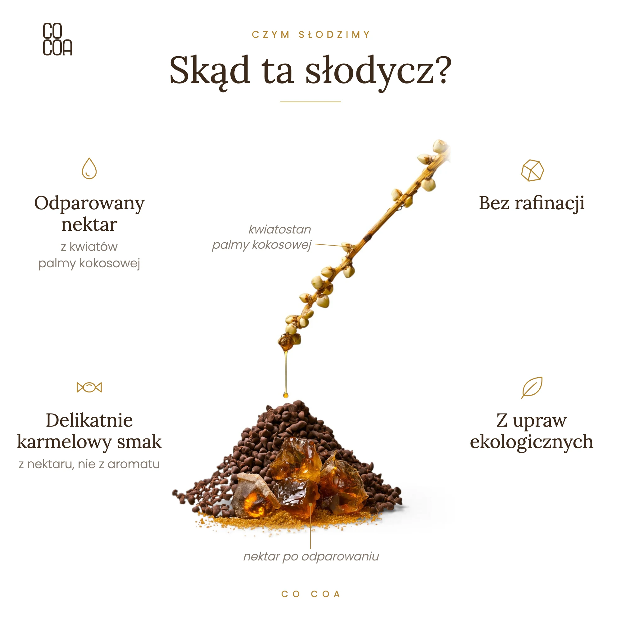 Czym słodzimy – skąd ta słodycz? Odparowany nektar z kwiatów palmy kokosowej: bez rafinacji, delikatnie karmelowy smak z nektaru, nie z aromatu, z upraw ekologicznych