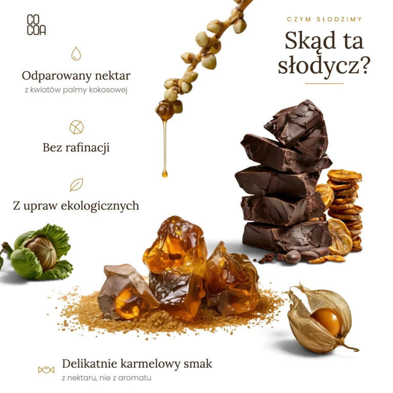 Skąd ta słodycz? Odparowany nektar z kwiatów palmy kokosowej, bez rafinacji, delikatnie karmelowy smak, z upraw ekologicznych — kwiatostan palmy kokosowej z kroplą nektaru, kryształy nektaru, kawałki czekolady, orzech laskowy, miechunka i suszone banany