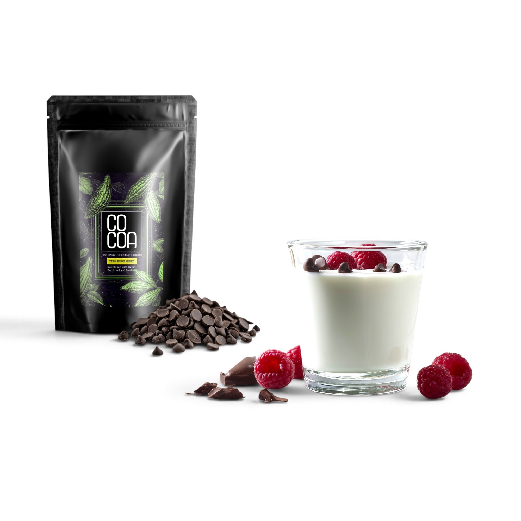 Jogurt z malinami w szklance, obok torebka dropsów COCOA ciemna 52% bez dodatku cukru, dropsy i maliny