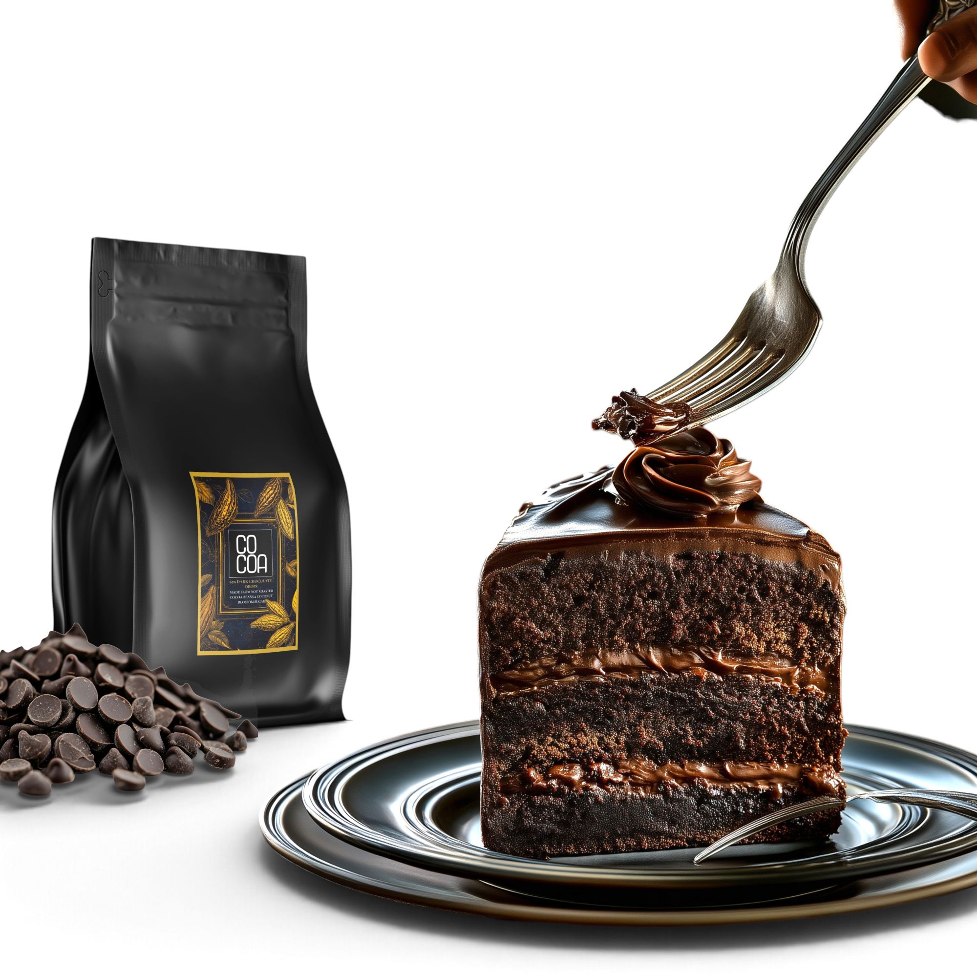 Kawałek tortu czekoladowego na talerzu obok czarnego worka dropsów COCOA ciemna 65% i garści dropsów